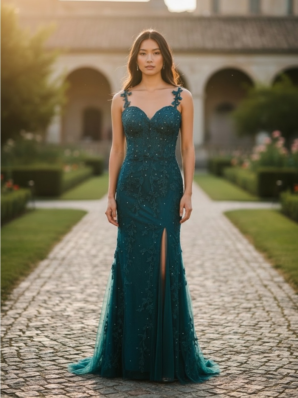 Teal Embroidered Evening Gown with Sweetheart Neckline